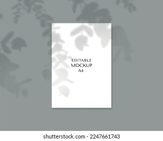 A4 mockup. Blank white paper sheet with eucalyptus shadow overlay effect. Editable mockup template for presentation document, brochure, flyer, magazine, poster e.t.c