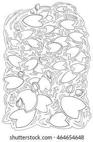 A4 monochrome Water Lily flowers, leaves afloat and buds. Coloring book and pages adult and children.