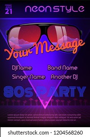A4 neon style party flyer design. 80s style background. Sunglasses with reflecrtion.