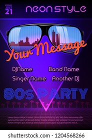 A4 neon style party flyer design. 80s style background. Sunglasses with reflecrtion.