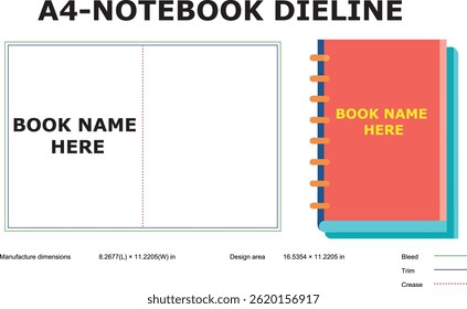 A4 notebook dieline template book cover design layout for print production