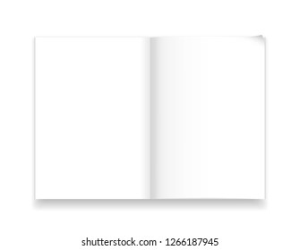 A4 notebook template isolated with realistic shadow. Vector illustration. White page spread with realistic light and shadow. Sketchpad mockup. Blank clear paper with bent tip. Magazine model top view