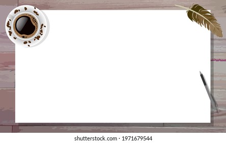 A4 on table with coffee ,pen and feather in work time. Flat design Whiteboard on brick wall background for copy space , advertisement , announcement and other. copy space mockup template display.
