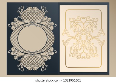 A4 openwork cover for laser cutting. Unique congratulatory folder and leaf liner with gold ornaments for greetings, wedding invitations, save the date. Vintage frame, antique cover.