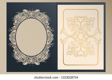 A4 openwork cover for laser cutting. Unique congratulatory folder and leaf liner with gold ornaments for greetings, wedding invitations, save the date. Vintage frame, antique cover.
