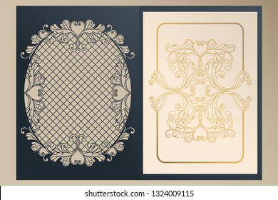 A4 openwork cover for laser cutting. Unique congratulatory folder and leaf liner with gold ornaments for greetings, wedding invitations, save the date. Vintage frame, antique cover.