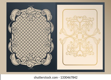 A4 openwork cover for laser cutting. Unique congratulatory folder and leaf liner with gold ornaments for greetings, wedding invitations, save the date. Vintage frame, antique cover.