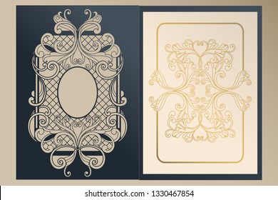 A4 openwork cover for laser cutting. Unique congratulatory folder and leaf liner with gold ornaments for greetings, wedding invitations, save the date. Vintage frame, antique cover.