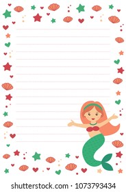 A4 page for notes with mermaid, star, heart and seashell. Organizer and Schedule. Cute page for notes. Notebooks, diary, school accessories. Cute romantic planner page. 