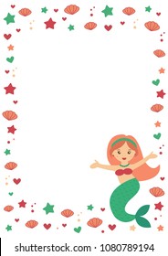 A4 page for notes with mermaid, star, heart and seashell. Cute page for notes. Notebook, diary, school accessories. Cute romantic planner page. Cartoon mermaid useful for invitations, baby shower.