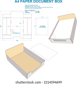 A4 Paper Document Box. Material: E Flute. Dimensions: 307 x 230 x70 mm (Eps file scale 1:1). 2D: Real illustrations. 3D Box: Illustration only. Equipped die cut estimates prepared for production.