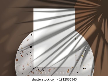 A4 paper Mockup. Marble podium. Transparent shadow on top. Overlay of the shadows of natural lighting and palm leaf. Scene of Photorealistic vector illustration.
