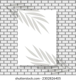 A4 paper mockup with overlay leaf shadow. transparent reflection on brick wall background. realistic vector template for poster, flyer and post