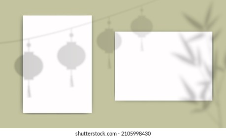 A4 paper mockup with overlay leaves shadow from window. Bamboo and chinese lanterns transparent reflection on green background. Realistic vector template for poster, flyer and post.