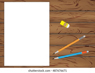 A4 paper with a pencil eraser ready to build on a wooden table vector illustration .