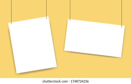 Hojas de papel A4 colgadas en una cuerda. Traducción de tarjetas blancas vacías aisladas. Galería de papel. Ilustración vectorial sobre fondo amarillo.
