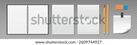 A4 paper sheets, notepad, pencils and eraser. Writing set, school and office supplies. Vector illustration