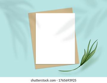 A4 Paper sheets on a turquoise background.Shadow of tropical leaves overlay silhouette effect. Summer seasonal sale banner. Minimalism concept.Vector.