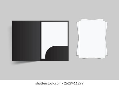 Papel A4 com pasta de bolso único, folheto aberto, maquete bifold isolado no fundo. Modelo de papel de pasta em branco para documento de apresentação comercial, folheto, catálogo, publicidade ou trabalho criativo
