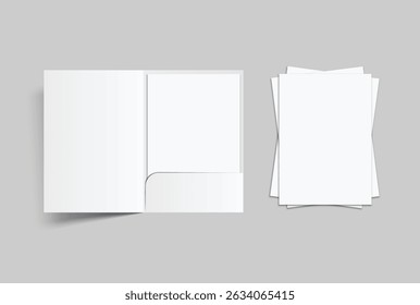 A4 paper with Single Pocket Folder, open leaflet, bifold mockup isolated on background. Blank folder paper template for business presentation document, flyer, catalogue, advertising or creative work
