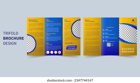 a4 paper size ratio - trifold brochure yellow and blue design template - editable eps file