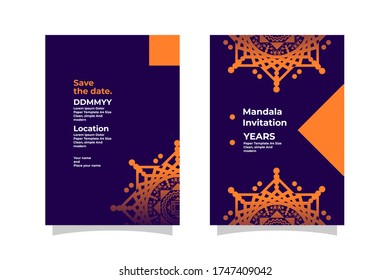 A4 paper template invitation design with luxury mandala concept, with some orange gradation colors. Vector EPS