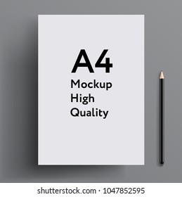 A4 paper vector mockup with a space for text - realistic deep shadows, black pencil on grey background - stationary high quality vertical A4 template - stylish editable mockup design