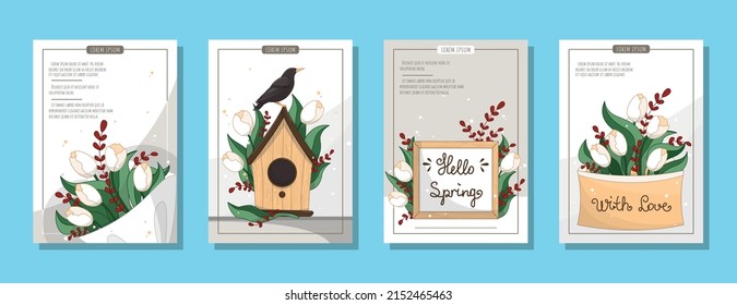 A4 postcard with flowers, A4 vector illustration for poster, vector illustration with spring flowers, flower shop concept, tulips bouquet, set of postcards for flower sale, home garden