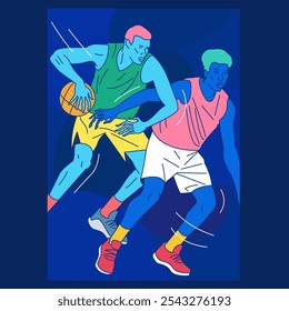 A4 poster about two basketball players in action in modern vector illustrative style on blue background