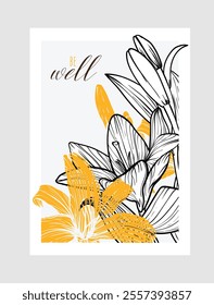 A4 poster with back and yellow Tiger Lily flower. Hand drawn vector summer flower with outlines and flat fills in separate groups.