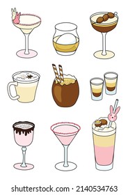 A4 poster collection set of Easter special yellow pink cocktails such as Margarita, Old Fashioned, Pink Martini and other. Sugar bunny and sweet chocolate decor. Doodle cartoon style illustration.