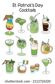 A4 poster collection set of Saint Patricks Day special green cocktails such as Margarita, Martini, Irish Coffee, Old Fashioned and other. Irish flag, rainbow and clover decor. Doodle cartoon style