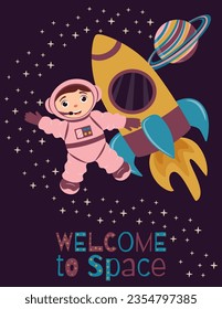 A4 poster with a cute astronaut, rocket and a planet with rings in cartoon style. Space travel. Cosmic children's background.  Vector illustration.