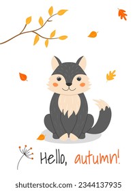A4 poster with cute wolf and autumn leaves in cartoon style. Forest animals and plants. Hello, autumn.