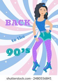 A4 poster with a girl on roller skates in retro style. 90 characters. y2k characters. Fashion of the 90s. Vector illustration. 