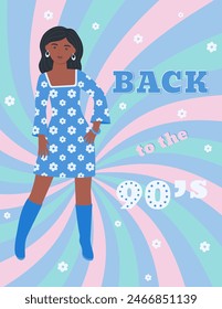 A4 poster with a girl in a retro-style dress. 90 characters. y2k characters. Fashion of the 90s. Vector illustration. 