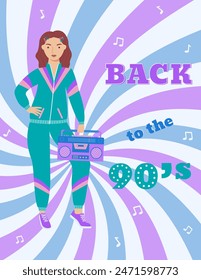 A4 poster with a girl in a tracksuit with a retro-style tape recorder. 90 characters. y2k characters. Fashion of the 90s. Vector illustration. 
