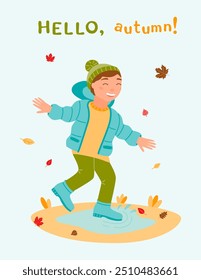 A4 poster Hello, autumn! A happy boy in autumn clothes jumps through puddles. Leaf fall. The autumn season. Vector illustration in a flat style.