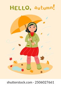 A4 poster Hello autumn. A surprised girl in autumn clothes hides under an umbrella from the wind and rain.  Leaf fall. The autumn season. Vector illustration in a flat style.