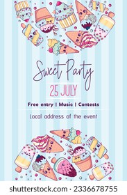 A4 poster with kawaii cartoon doodle ice cream for sweet party event. Pastel colors. Vector illustration of cute food for marketing. funny sweets