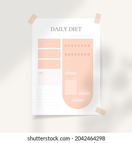 A4 poster with meals and exercise schedule, daily planner for healthy life, with water and vegetable consumption tracker, calories incom and loss, vector, trendy design with organic shadows