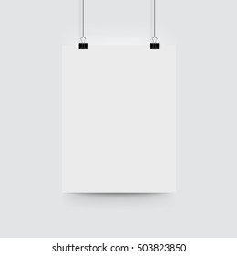 A4 poster mockup. Vector mock up blank paper hanging on office clip on white background.