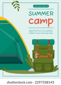 A4 poster for summer camping, travel, trip, hiking, tourist, nature, travel, picnic. Design of a poster, banner, leaflet, cover, special offer, advertisement. Vector illustration in a flat style.