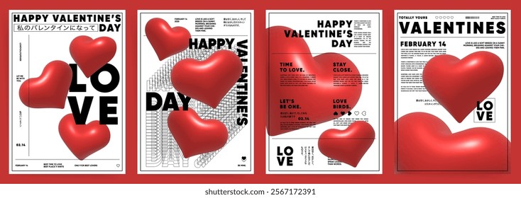 A4 Posters with 3d red hearts. Valentine’s Day Cards templates with bold typography, red 3D hearts, and minimalist black and white layouts for stylish celebrations of valentine, wedding and birthday.