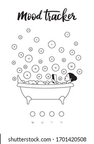 A4 print mood tracker for January, March, may, July, August, October or December. The girl takes a bath with a lot of bubbles. Tracker for tracking your daily mood for 31 days