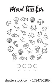 A4 print mood tracker for January, March, May, July, August, October, December. Various sea inhabitants (shell, starfish, fish, jellyfish, shrimp). Tracker for tracking your daily mood for 31 days