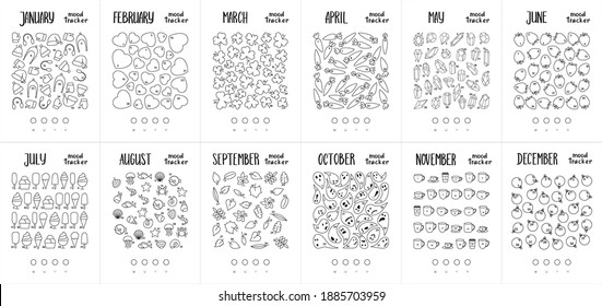 A4 print mood tracker for January, February, March, April, May, June, July, August, September, October, November, December. Tracker for tracking your daily mood for 28, 30, 31 days