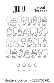 A4 print mood tracker for July. Different Ice cream. Tracker for tracking your daily mood for 31 days
