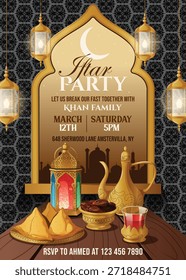 Plantilla de invitación a la fiesta Iftar de Ramadán A4. Diseño de volante de Vector con comida islámica tradicional, linternas y cafetera árabe para celebraciones religiosas