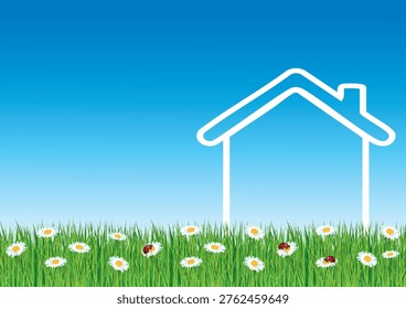 A4 real estate flyer for spring featuring a house and flowers. Horizontal hand-drawn vector illustration II.